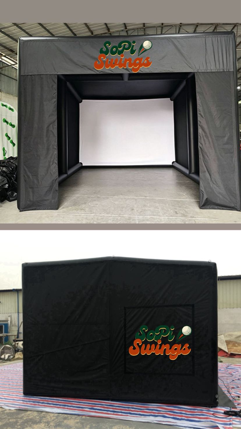 The branded SoPi Swings inflatable golf simulator tent — front and back views